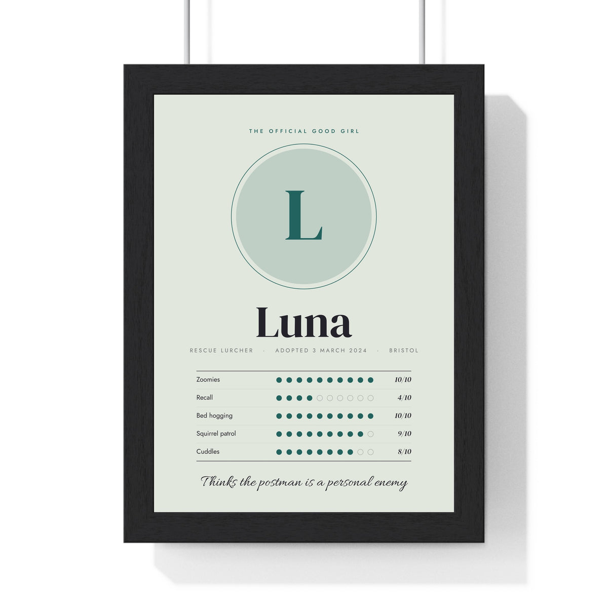 Personalised Dog Print with Name & Photo - framed sage version