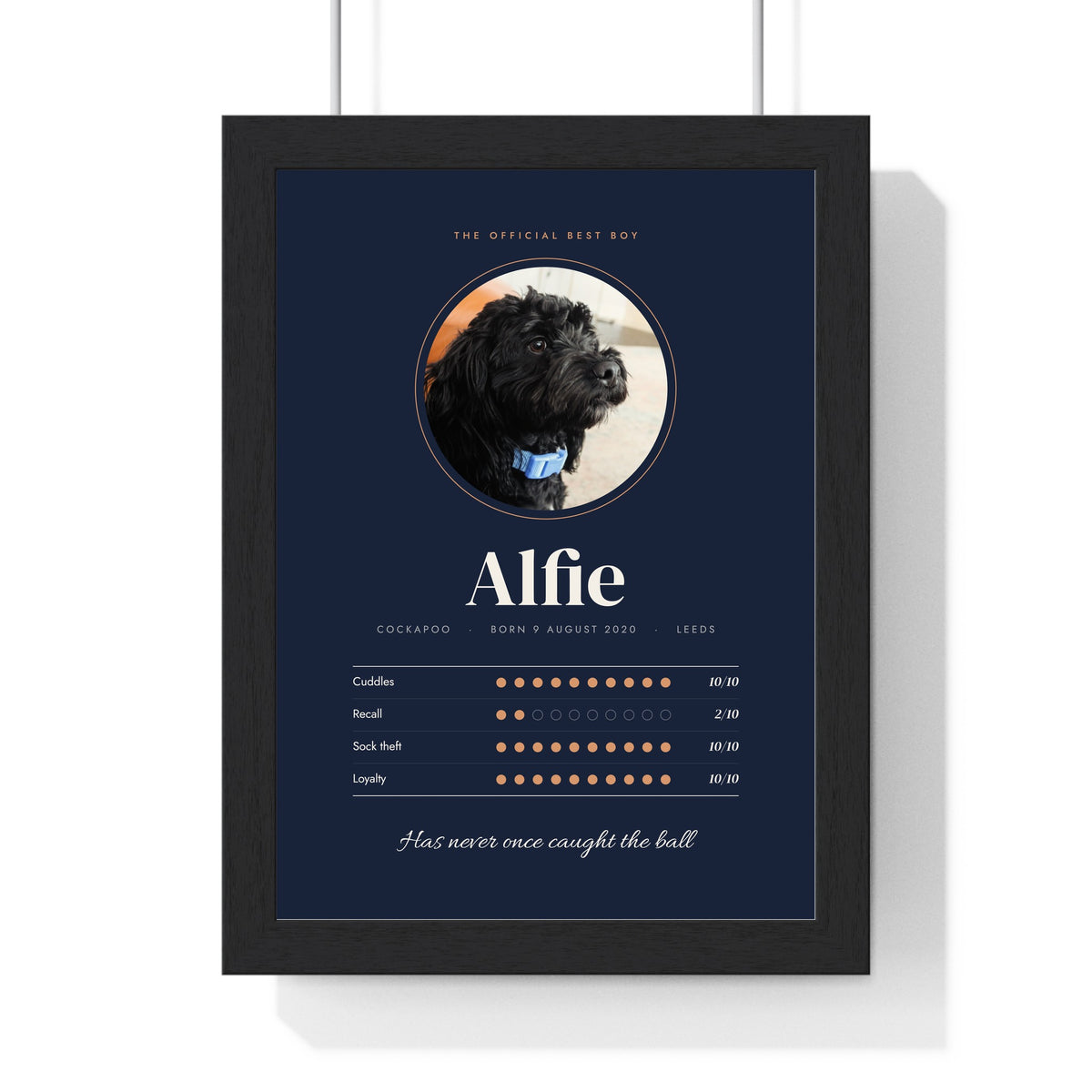 Personalised Dog Print with Name & Photo - framed navy Best Boy version