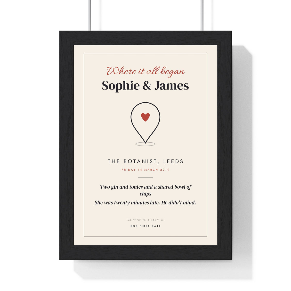 Personalised First Date Print - framed cream first date print