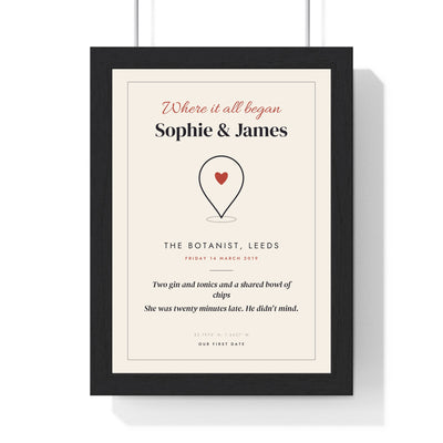 Personalised First Date Print - framed cream first date print