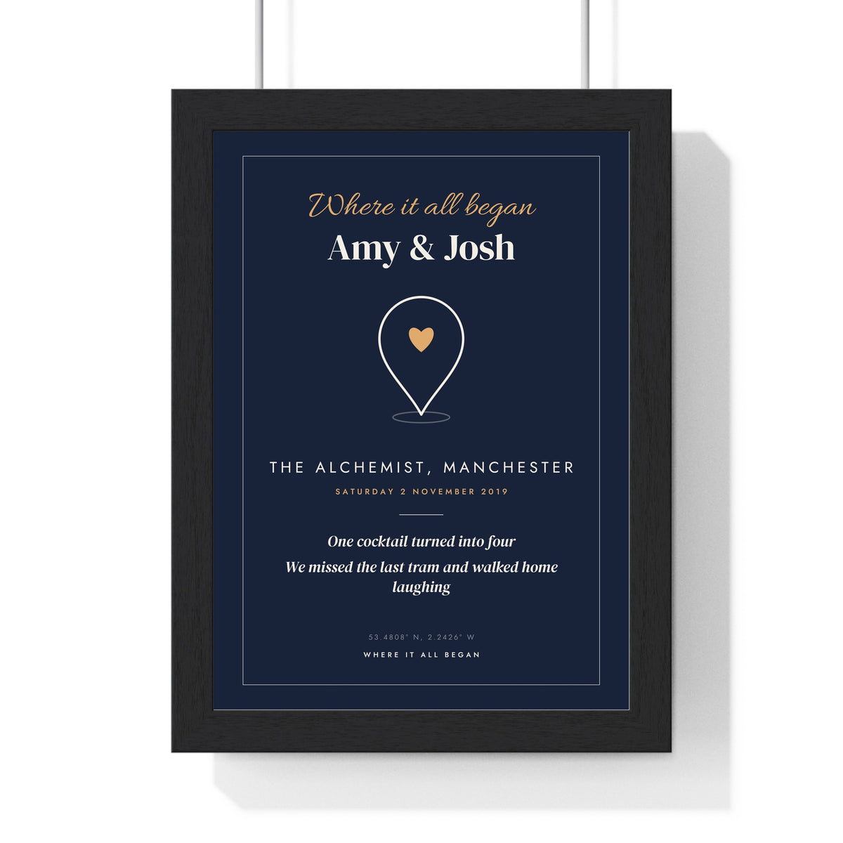 Personalised First Date Print - framed navy version