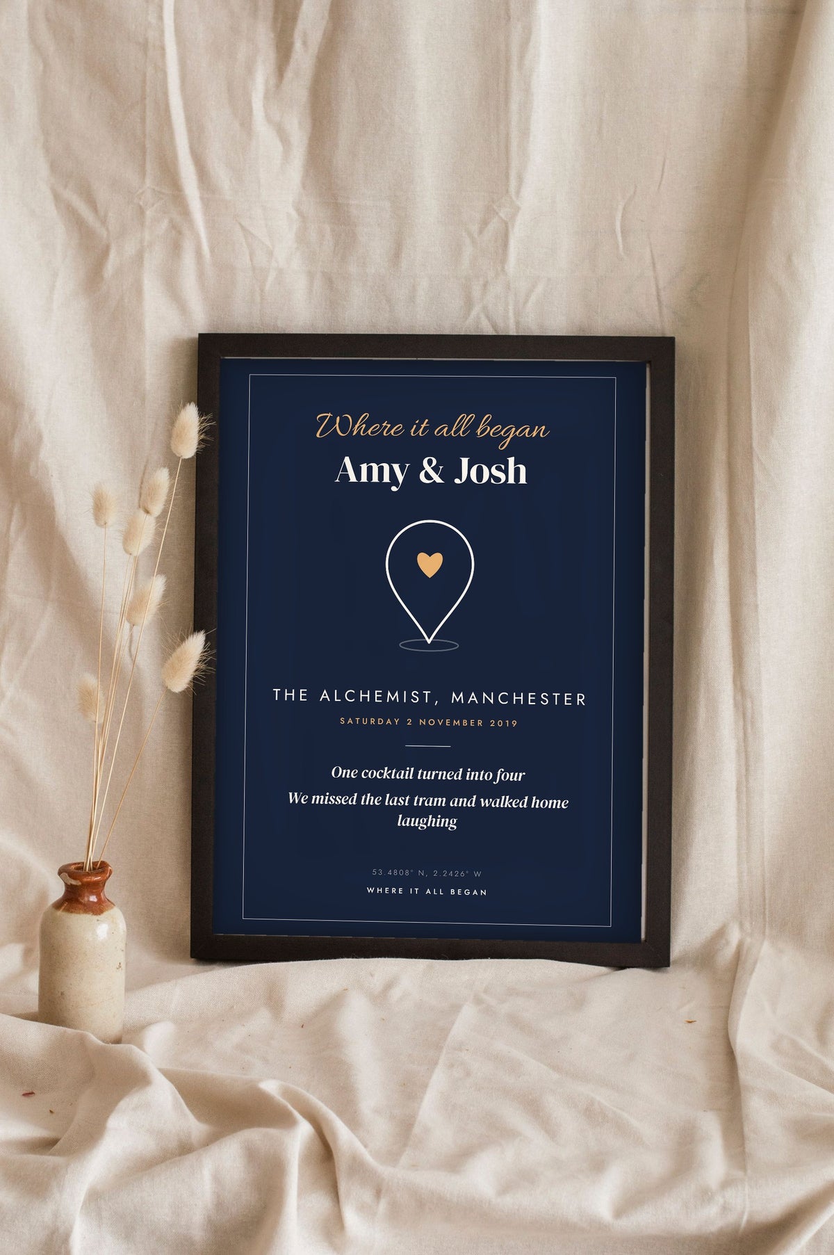 Personalised First Date Print - navy Manchester version