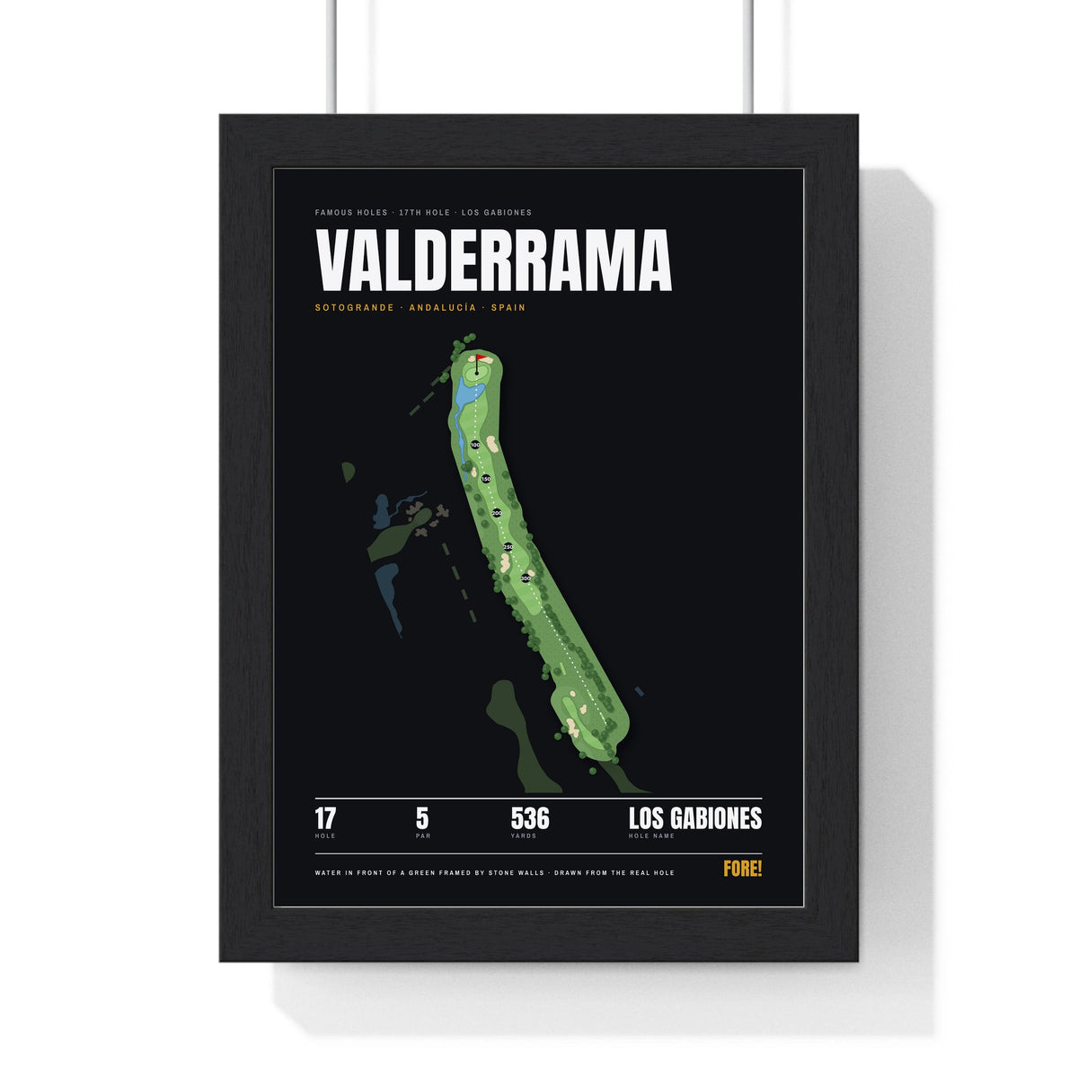 Valderrama 17th Hole print framed in a black frame, ready to hang