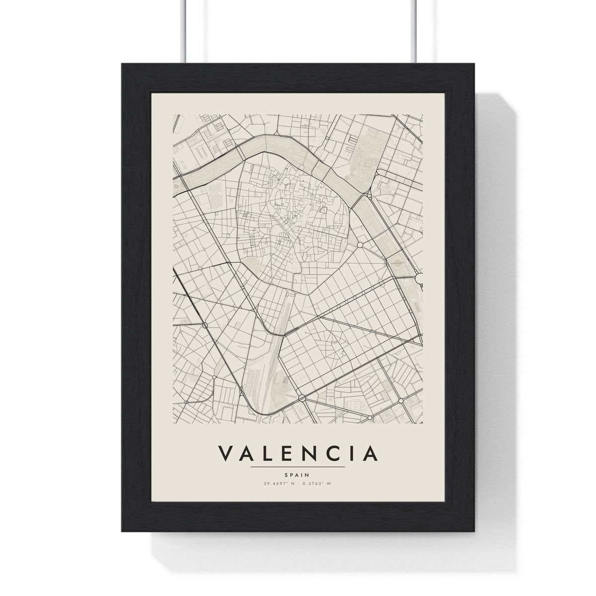 Valencia street map poster in cream, minimal city map print framed in a black frame