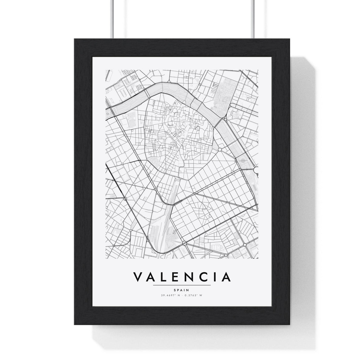 Valencia street map poster in white, minimal city map print framed in a black frame