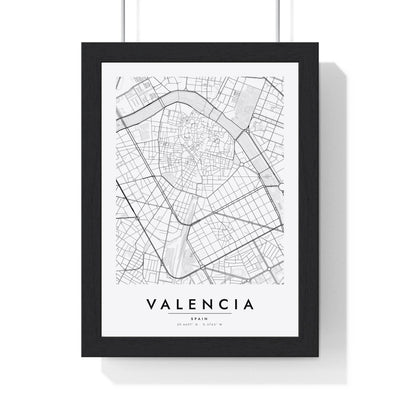 Valencia street map poster in white, minimal city map print framed in a black frame