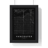 Vancouver street map poster in black, minimal city map print framed in a black frame