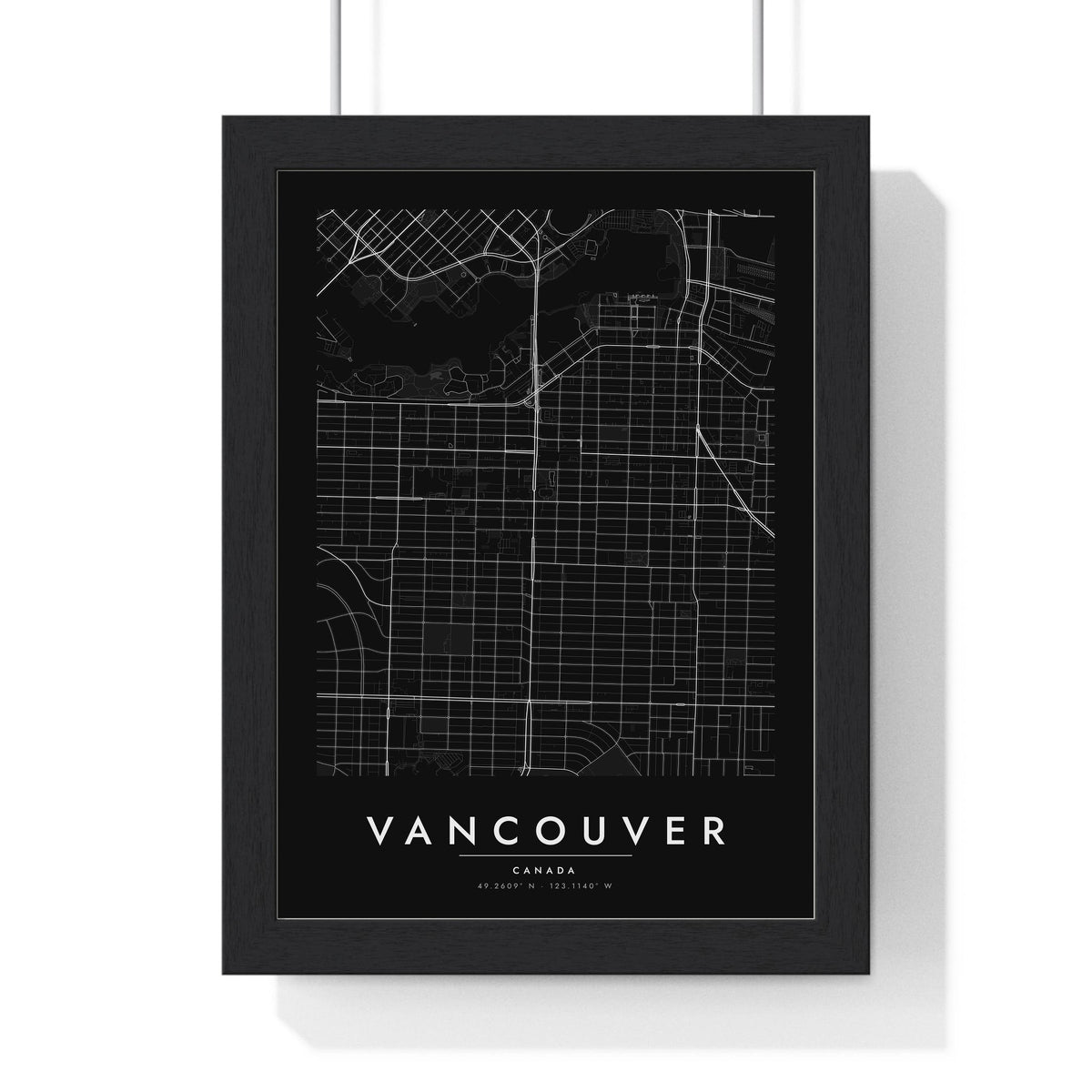 Vancouver street map poster in black, minimal city map print framed in a black frame