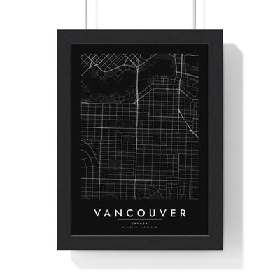 Vancouver street map poster in black, minimal city map print framed in a black frame