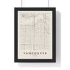 Vancouver street map poster in cream, minimal city map print framed in a black frame