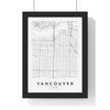 Vancouver street map poster in white, minimal city map print framed in a black frame