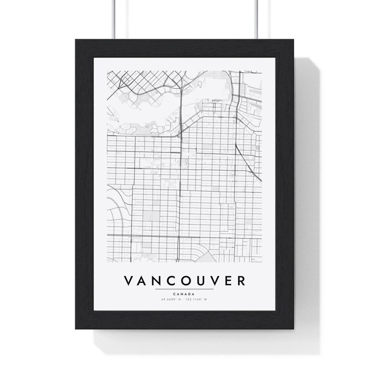 Vancouver street map poster in white, minimal city map print framed in a black frame