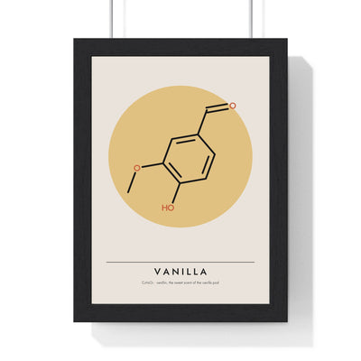 Vanillin Molecule print framed in a black frame, ready to hang