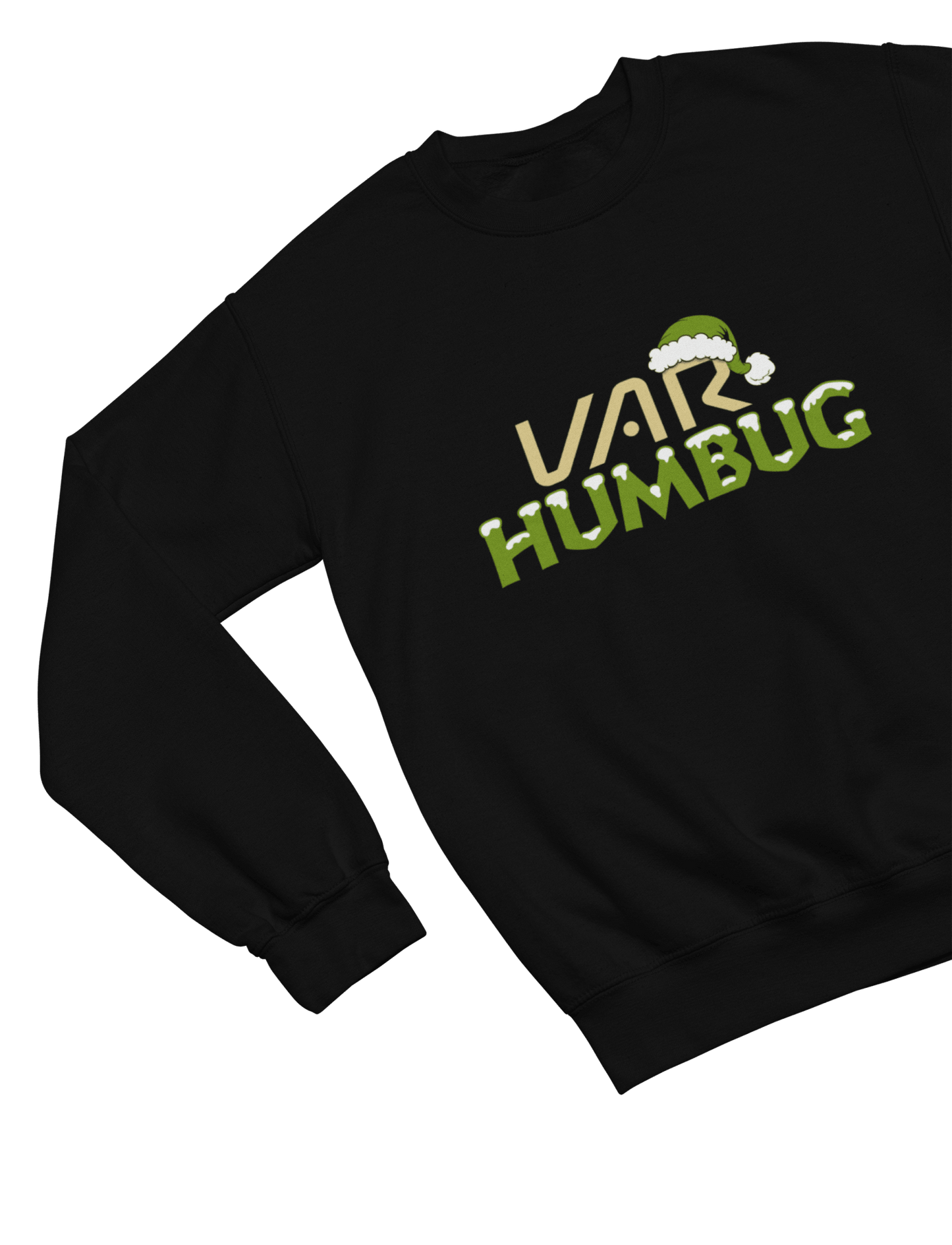 Black t-shirt with VAR Humbug Christmas Jumper Football Parody close-up