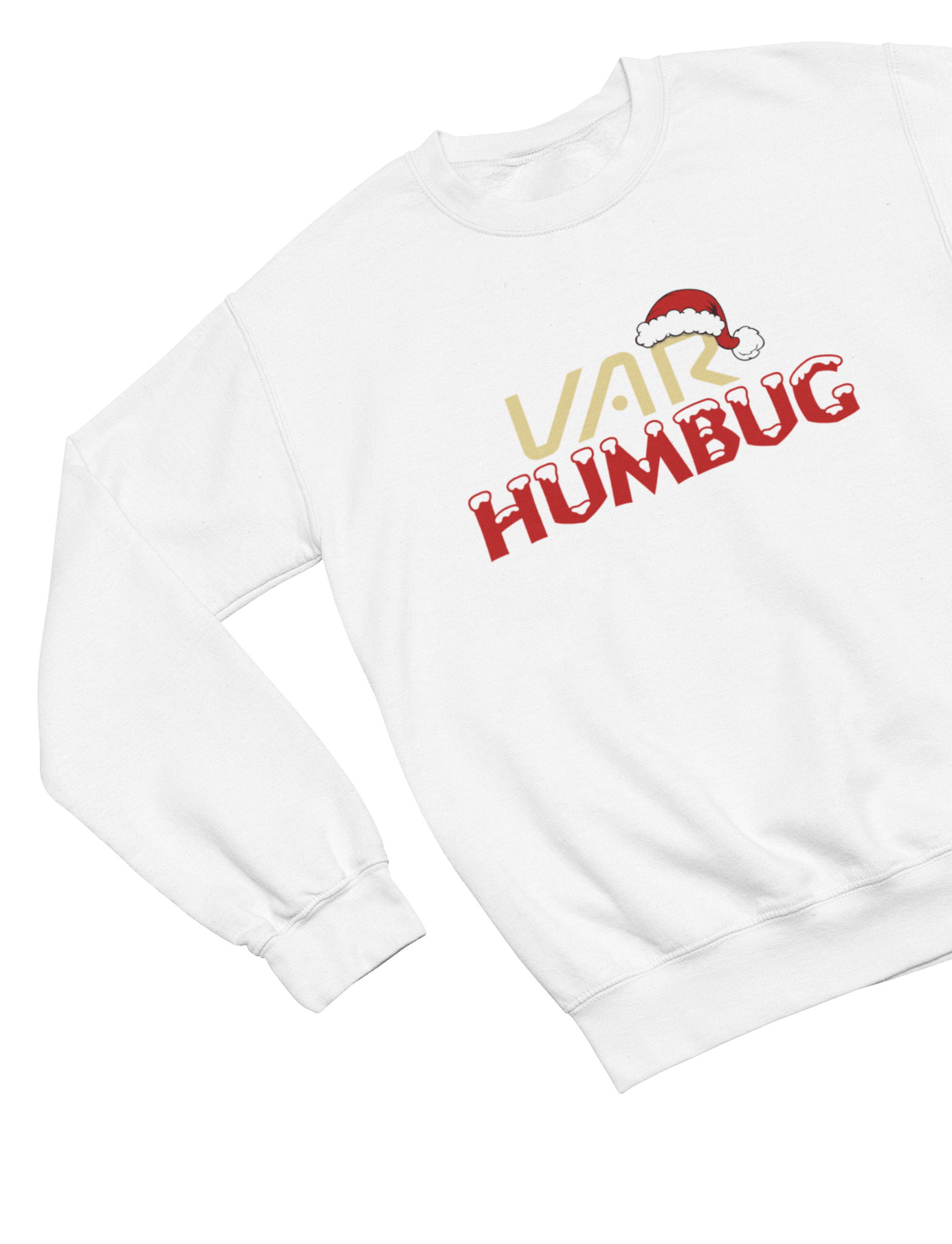 White t-shirt with VAR Humbug Christmas Jumper Football Parody close-up