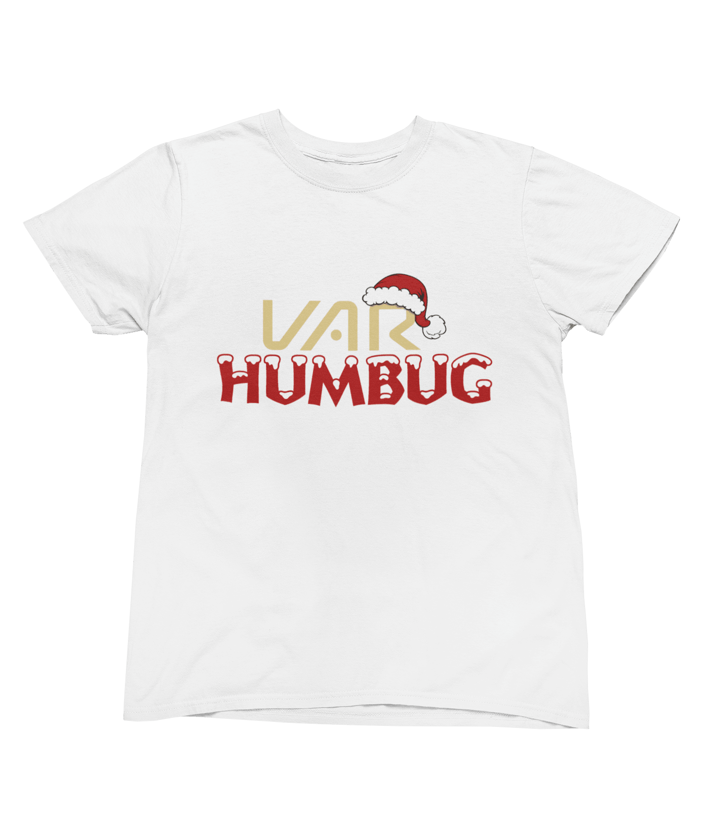 White t-shirt with VAR Humbug Christmas Jumper Football Parody flat lay