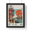 Venice Mid Century Travel print framed in a black frame, ready to hang