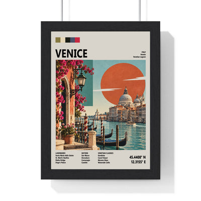 Venice Mid Century Travel print framed in a black frame, ready to hang