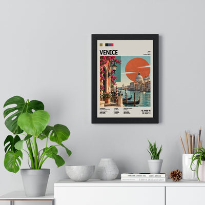 Venice Mid Century Travel print framed on a living room wall