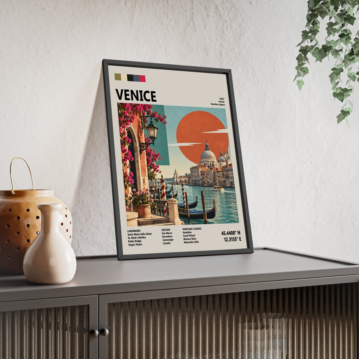 Venice Mid Century Travel print framed and leaning on a sideboard