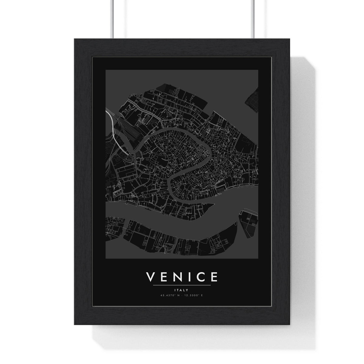 Venice street map poster in black, minimal city map print framed in a black frame