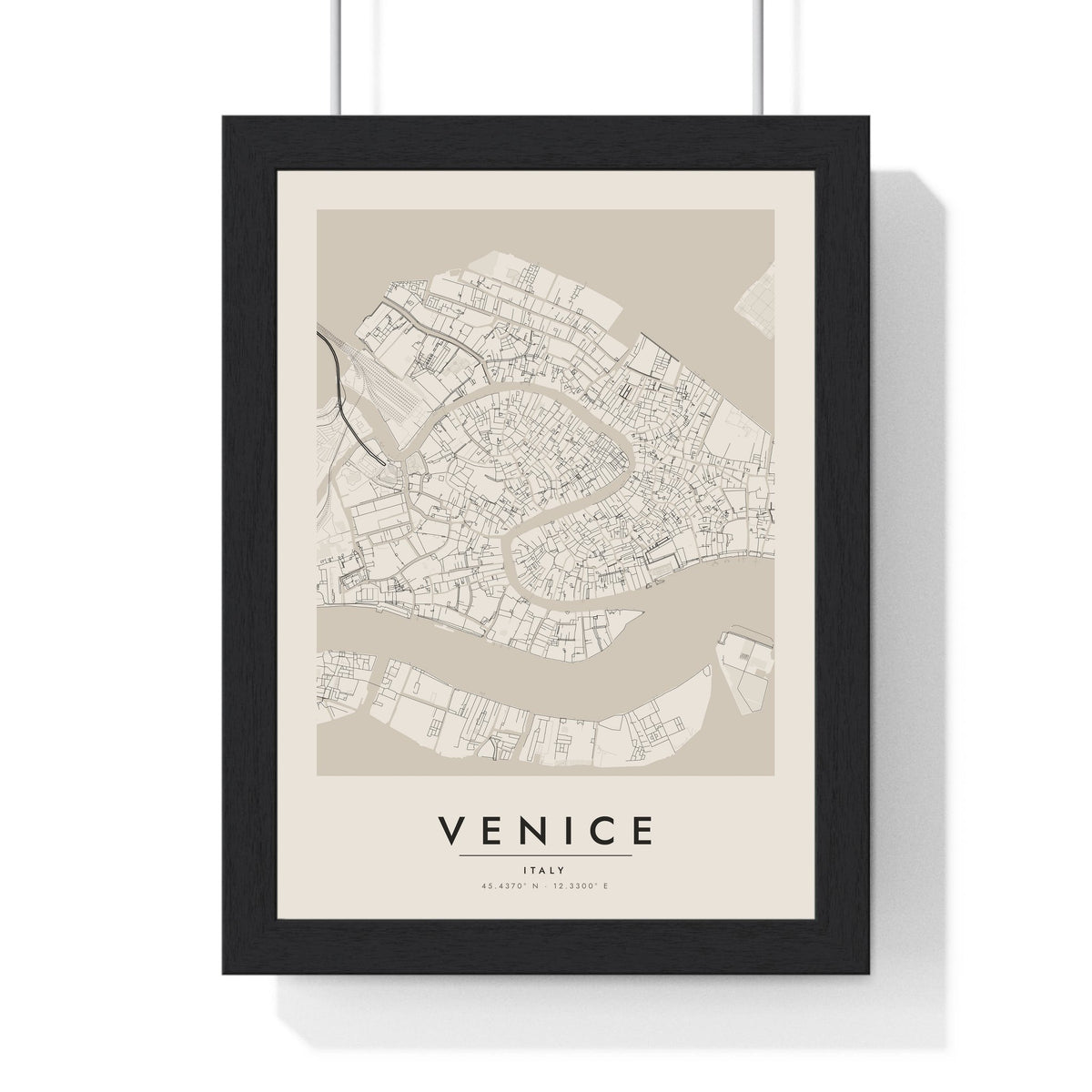 Venice street map poster in cream, minimal city map print framed in a black frame