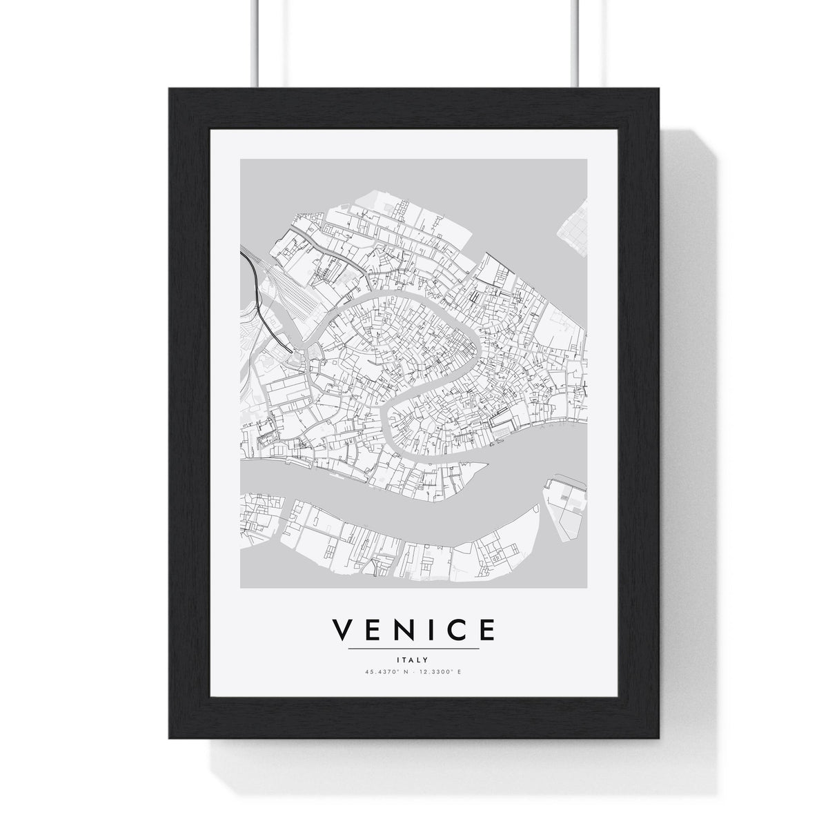 Venice street map poster in white, minimal city map print framed in a black frame