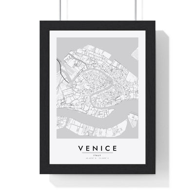 Venice street map poster in white, minimal city map print framed in a black frame