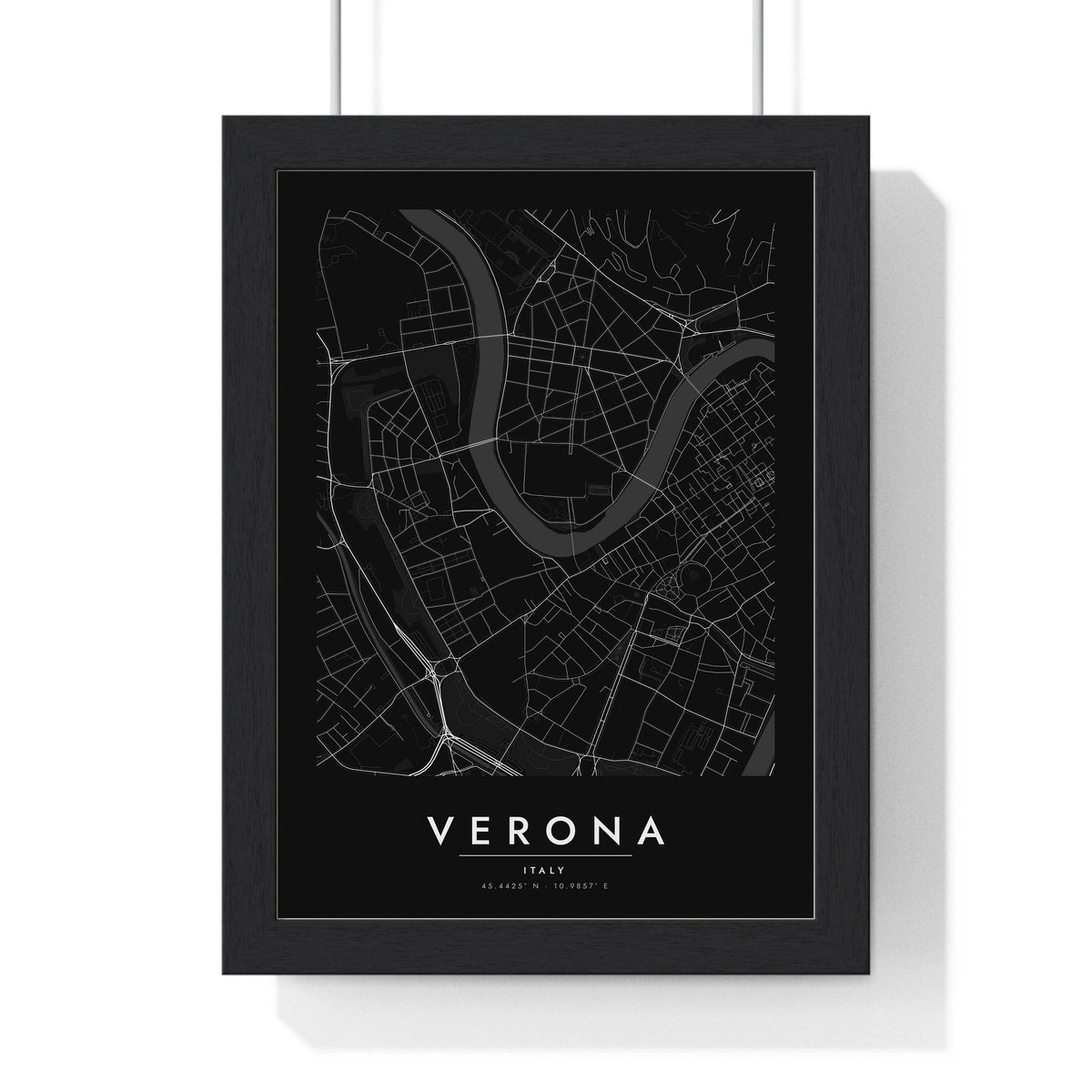 Verona street map poster in black, minimal city map print framed in a black frame