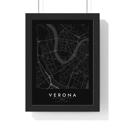 Verona street map poster in black, minimal city map print framed in a black frame