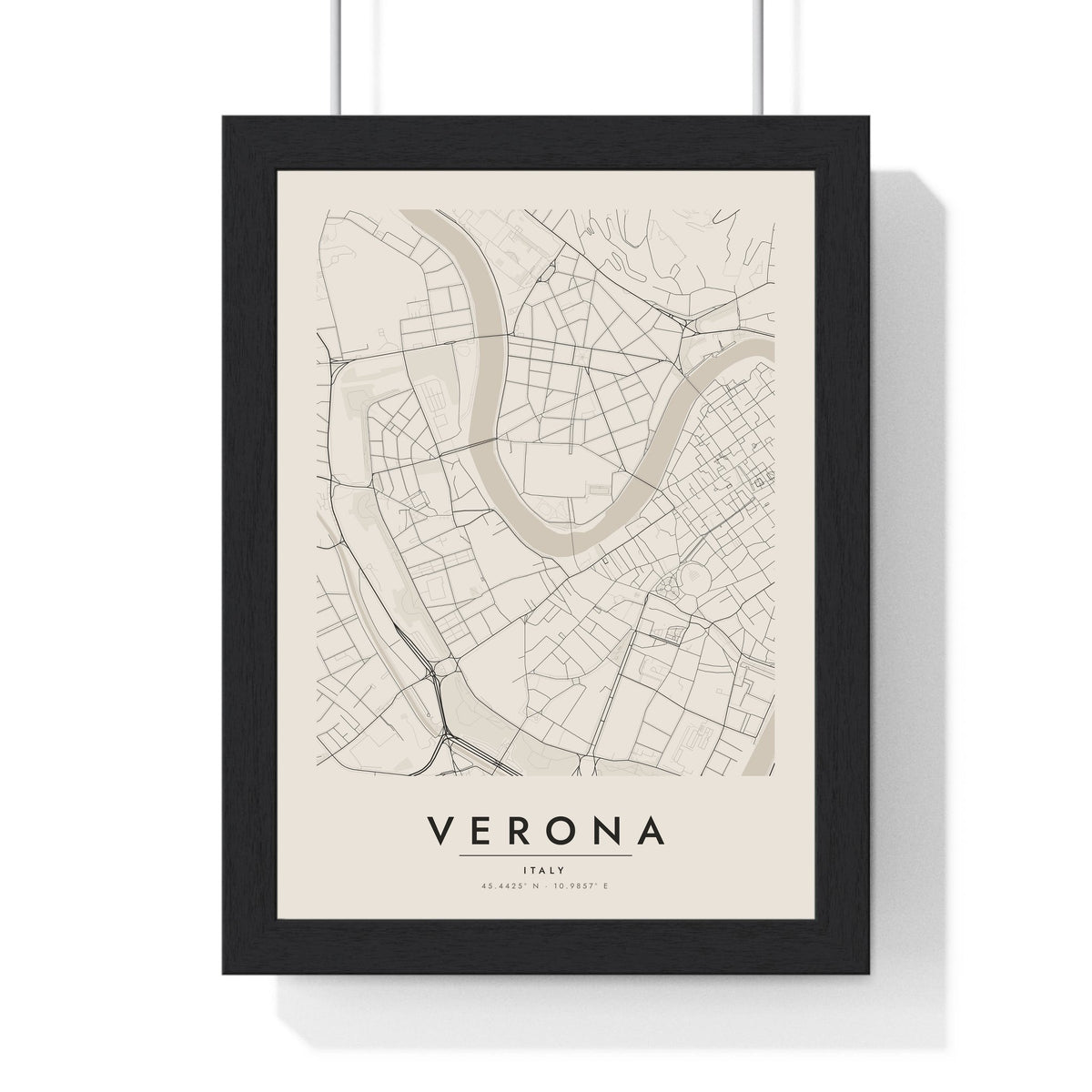 Verona street map poster in cream, minimal city map print framed in a black frame