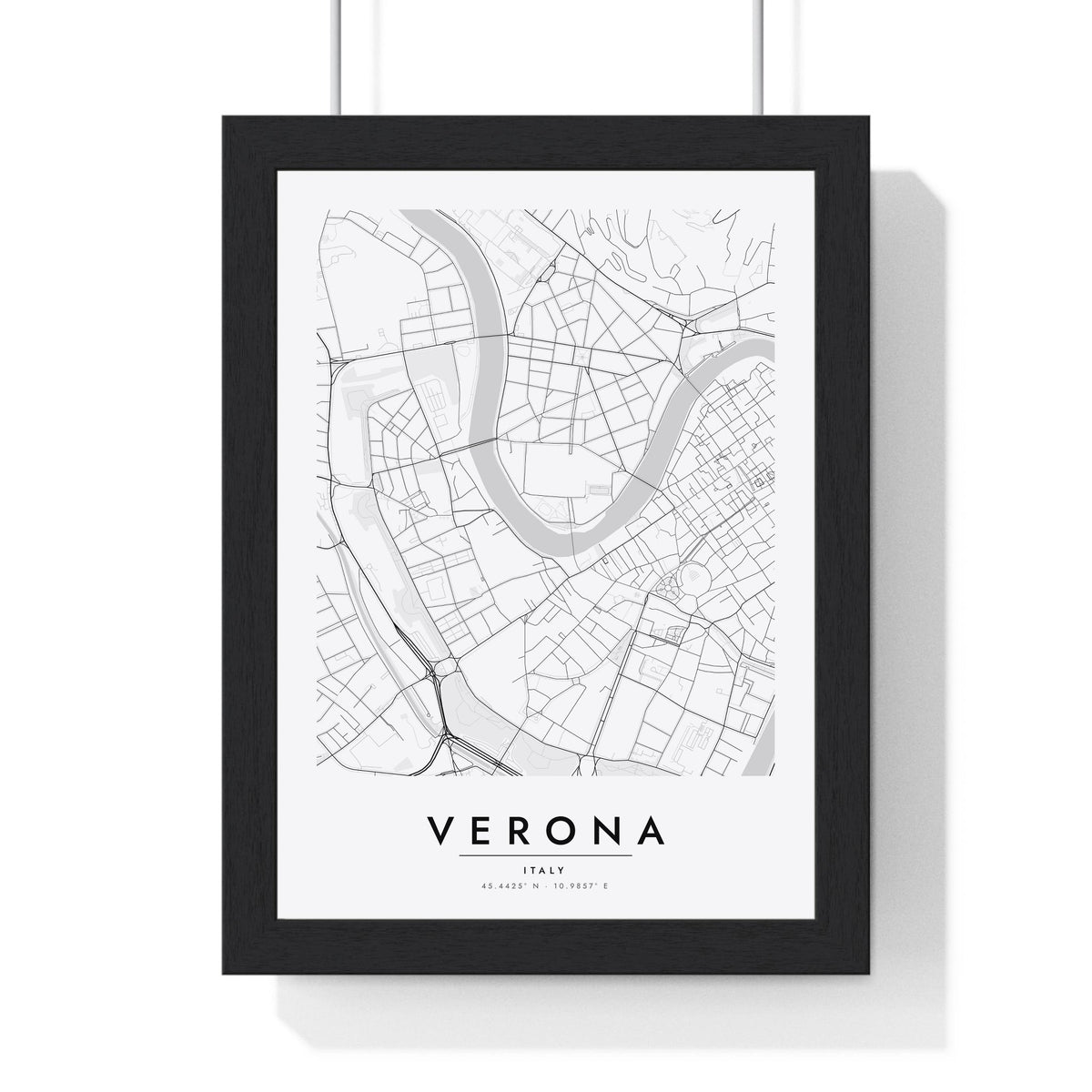 Verona street map poster in white, minimal city map print framed in a black frame