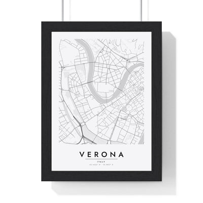 Verona street map poster in white, minimal city map print framed in a black frame