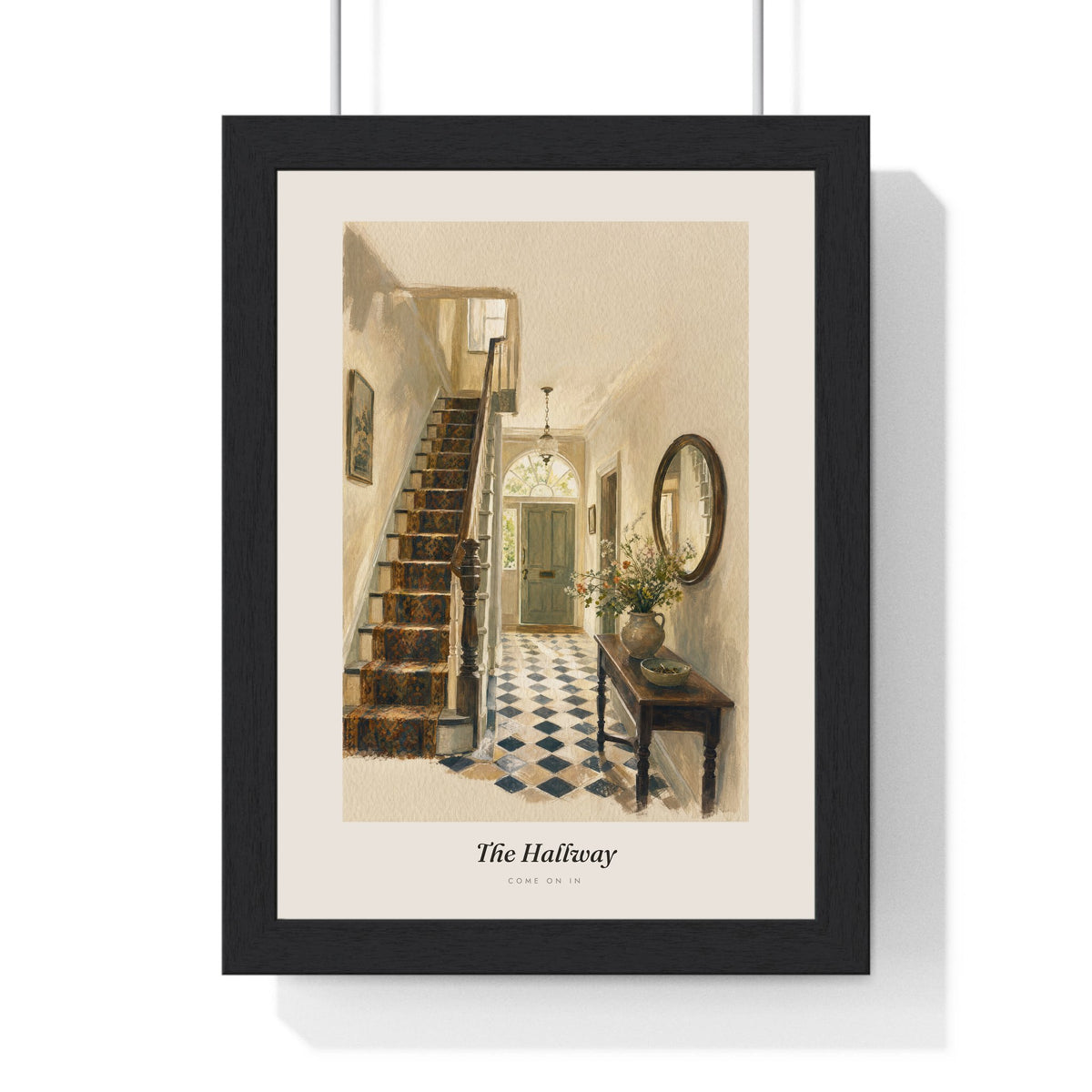 Victorian Hallway Print framed in a black frame, ready to hang