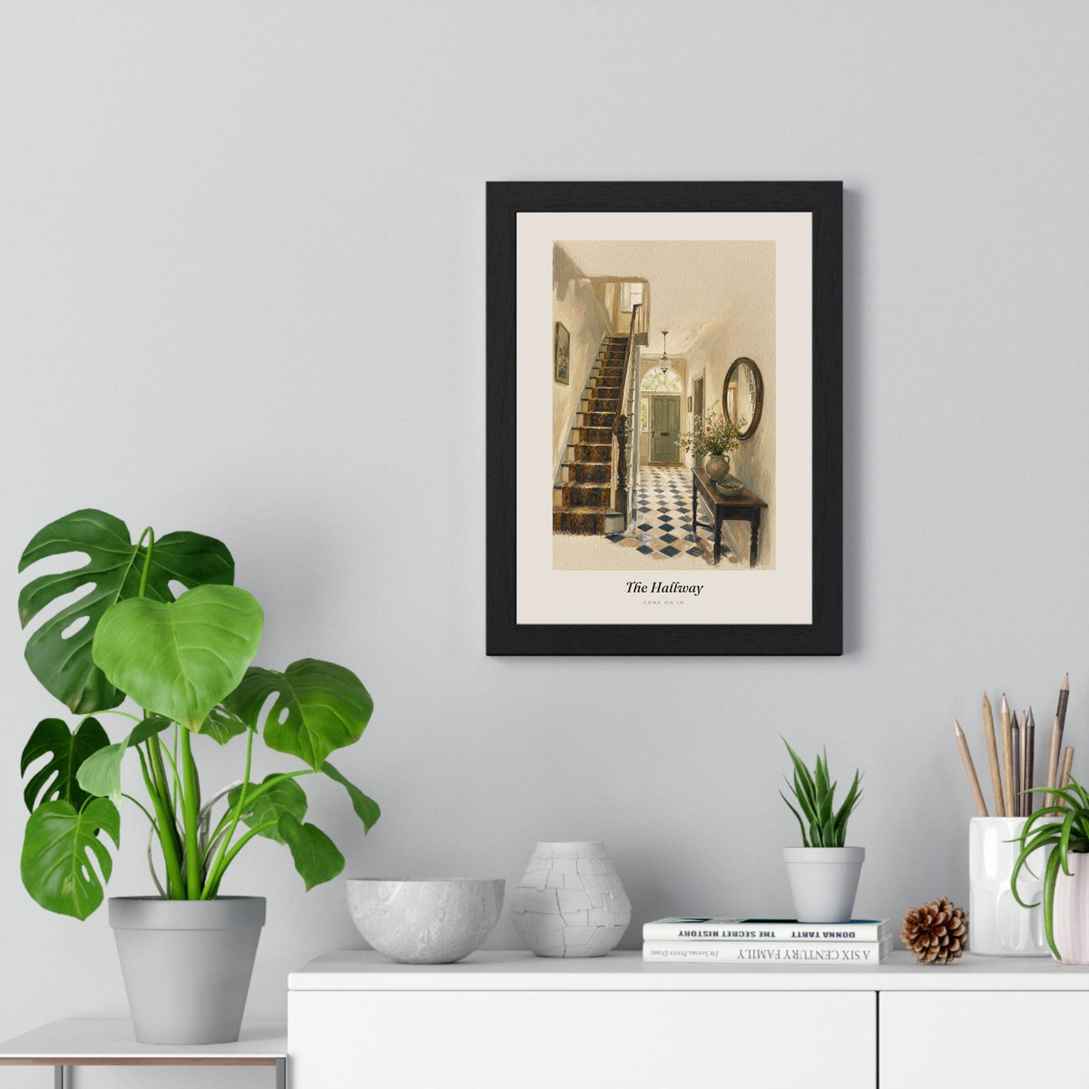 Victorian Hallway Print framed on a living room wall