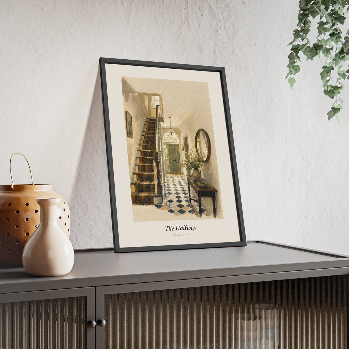 Victorian Hallway Print framed and leaning on a sideboard