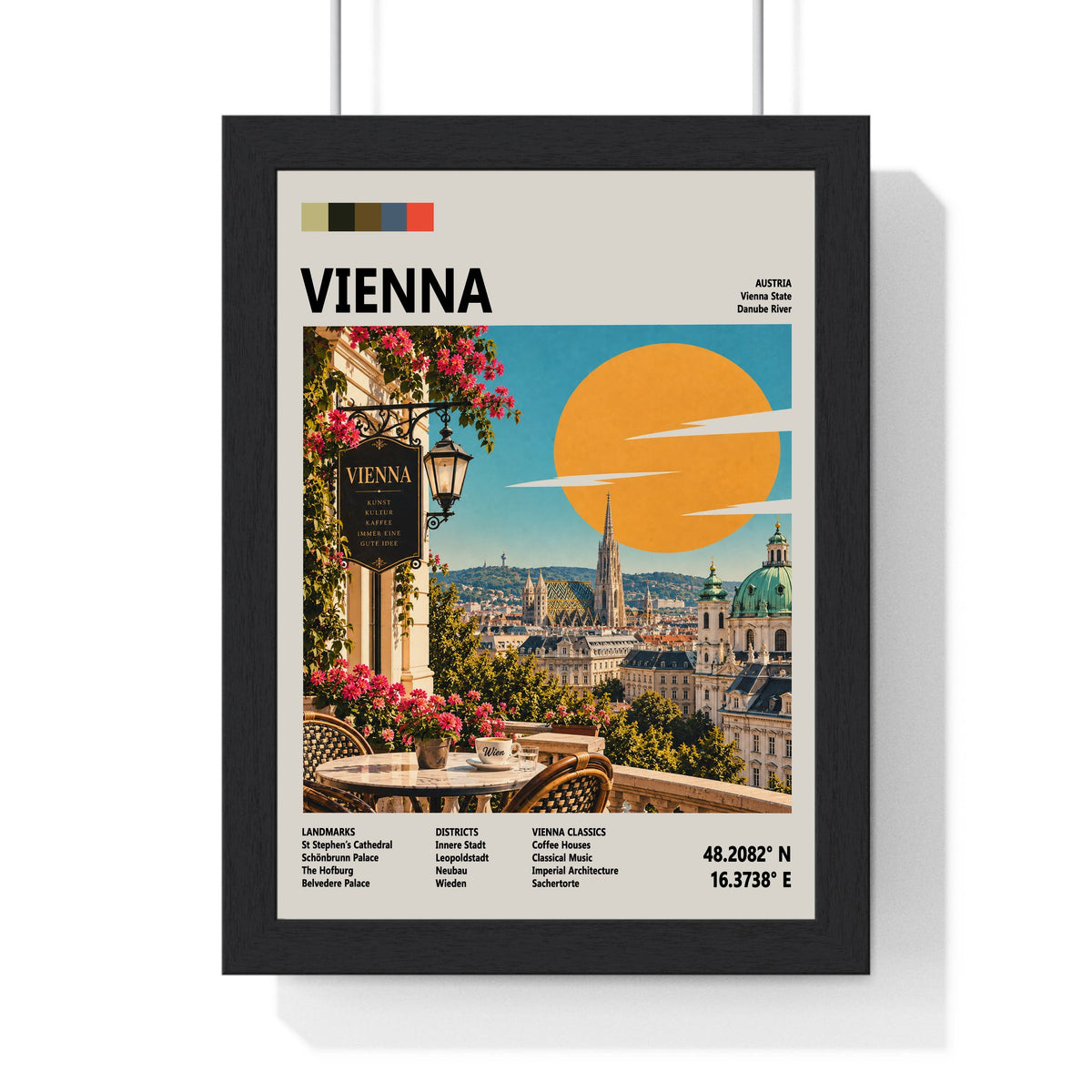 Vienna Mid Century Travel print framed in a black frame, ready to hang