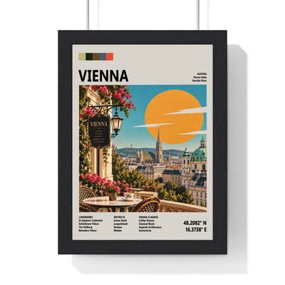 Vienna Mid Century Travel print framed in a black frame, ready to hang