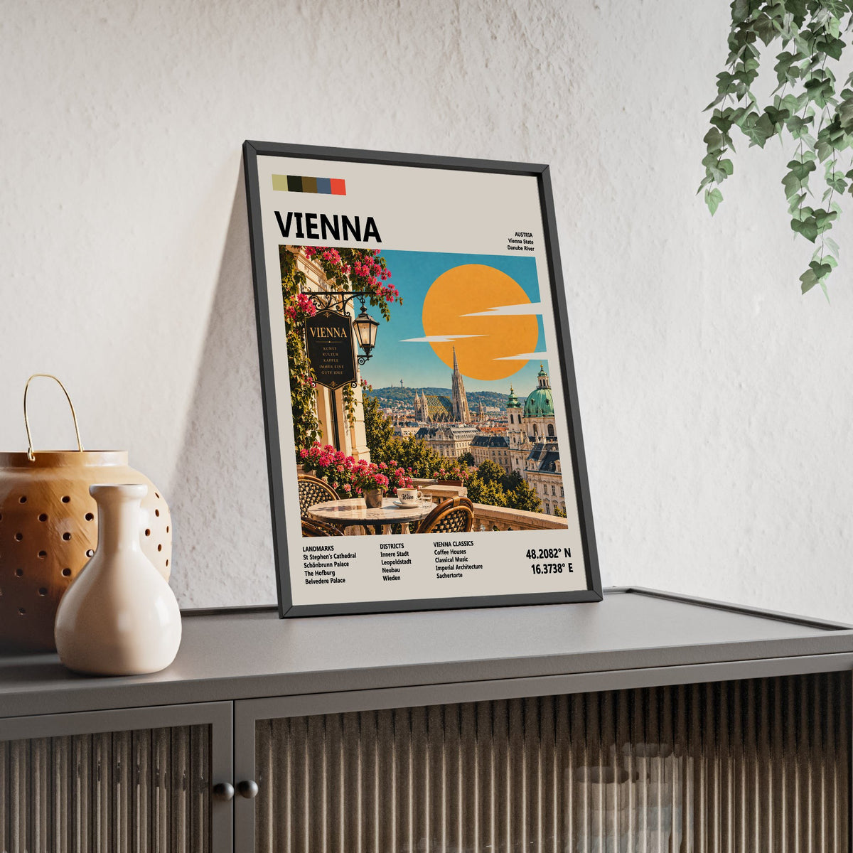 Vienna Mid Century Travel print framed and leaning on a sideboard