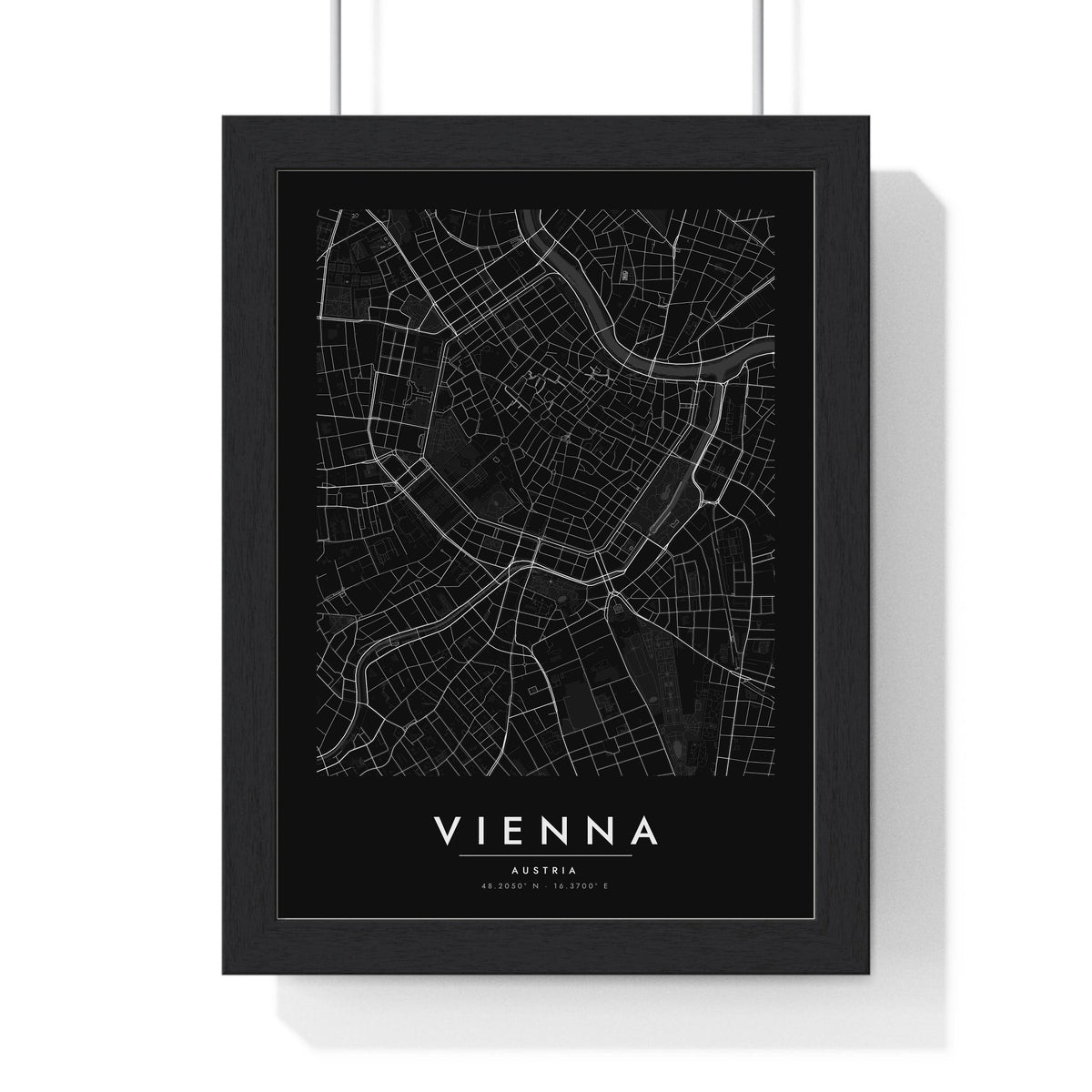 Vienna street map poster in black, minimal city map print framed in a black frame