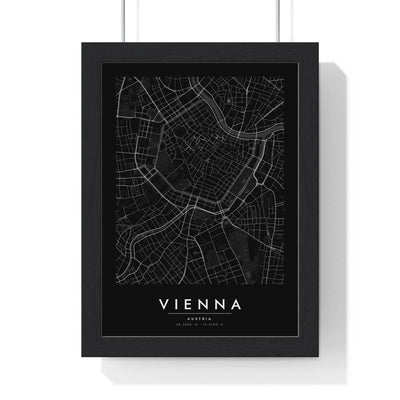 Vienna street map poster in black, minimal city map print framed in a black frame