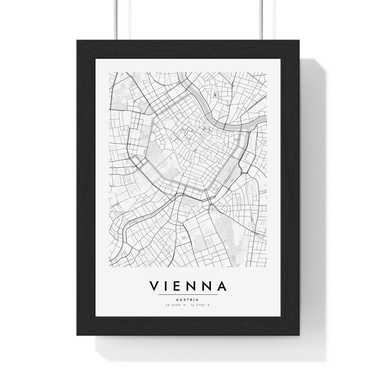 Vienna street map poster in white, minimal city map print framed in a black frame