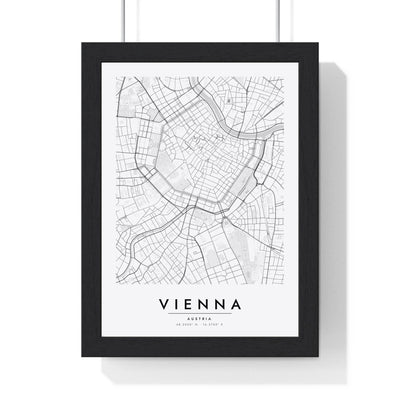 Vienna street map poster in white, minimal city map print framed in a black frame