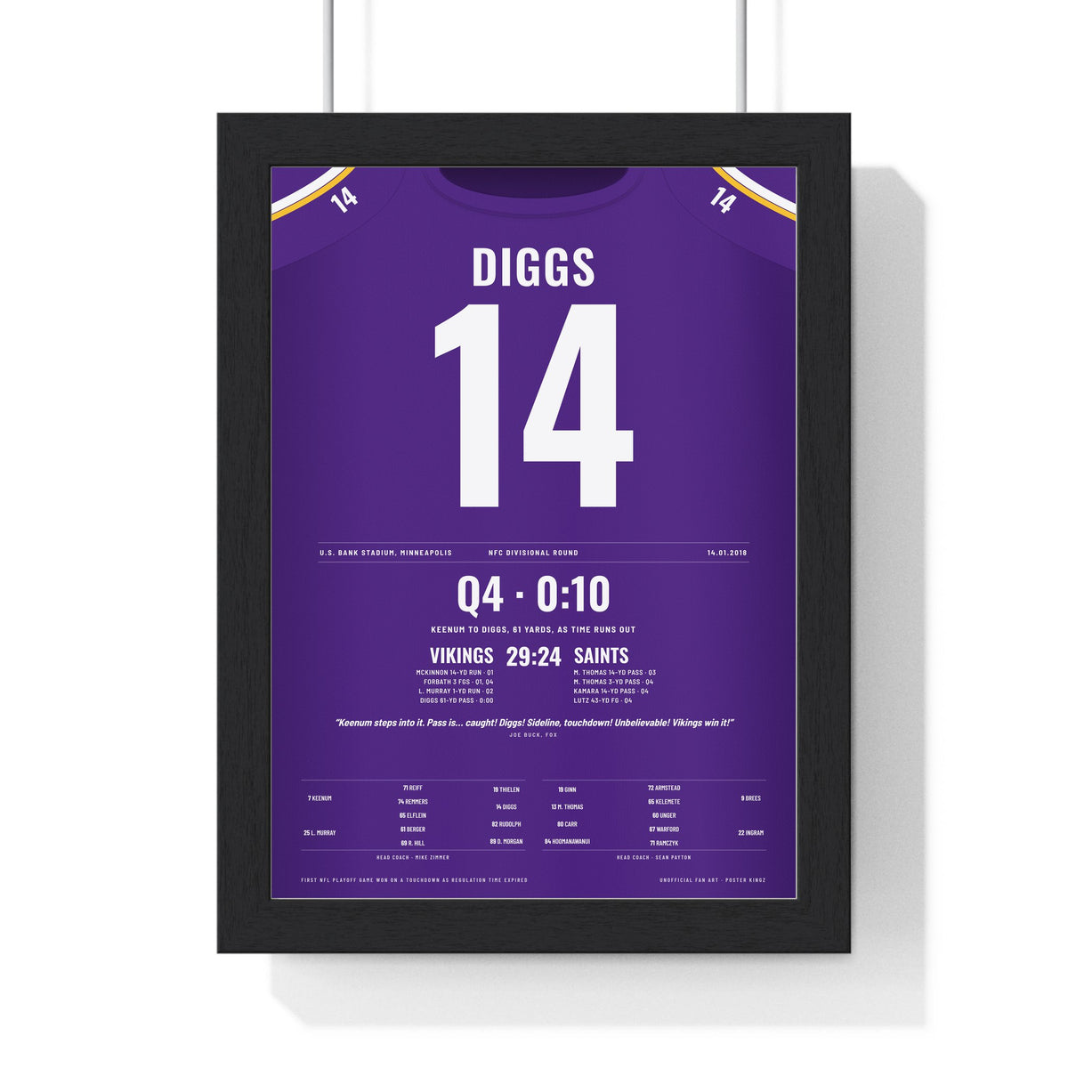 Minnesota Vikings 2018 NFC Divisional Poster - Stefon Diggs 14 Walk-Off Touchdown Jersey Print framed in a black frame, ready to hang