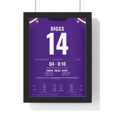 Minnesota Vikings 2018 NFC Divisional Poster - Stefon Diggs 14 Walk-Off Touchdown Jersey Print framed in a black frame, ready to hang
