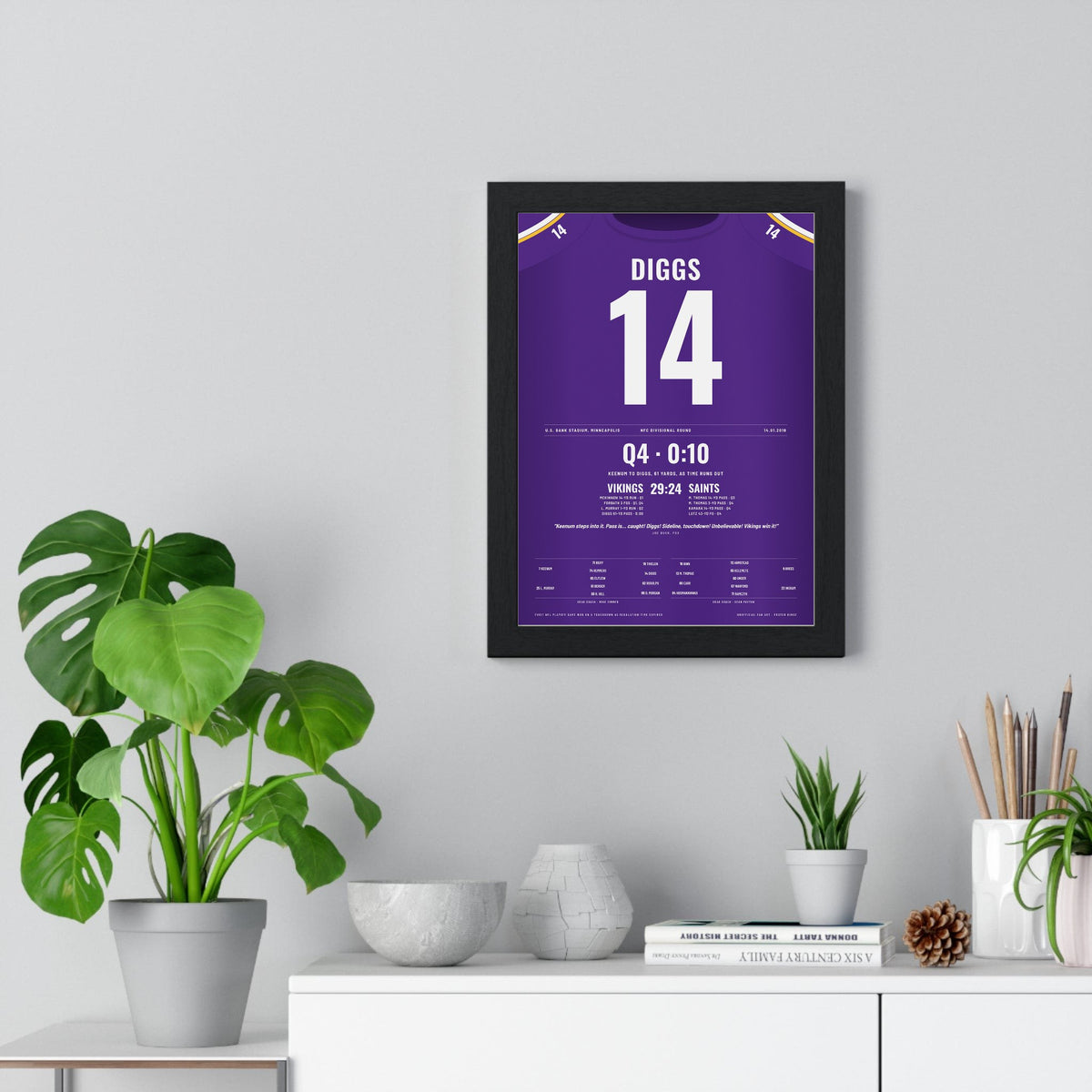 Minnesota Vikings 2018 NFC Divisional Poster - Stefon Diggs 14 Walk-Off Touchdown Jersey Print framed on a living room wall