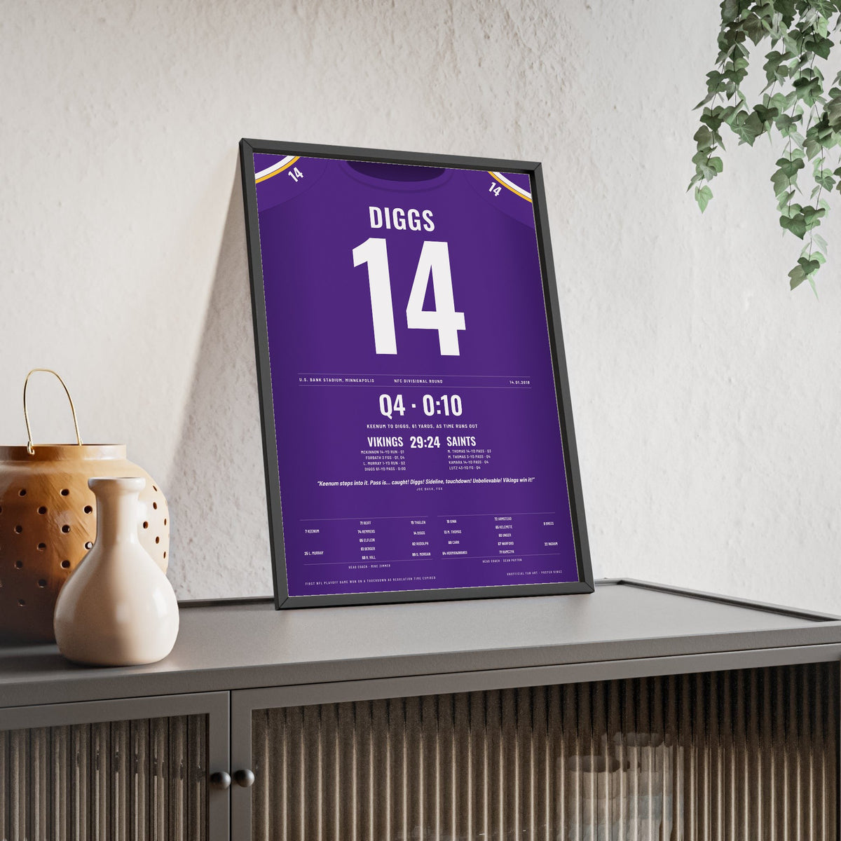 Minnesota Vikings 2018 NFC Divisional Poster - Stefon Diggs 14 Walk-Off Touchdown Jersey Print framed and leaning on a sideboard