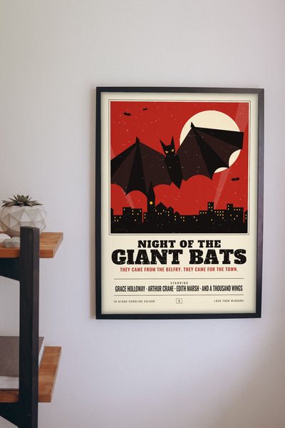 Vintage Horror Bat Poster - retro Halloween bat poster on a living room wall
