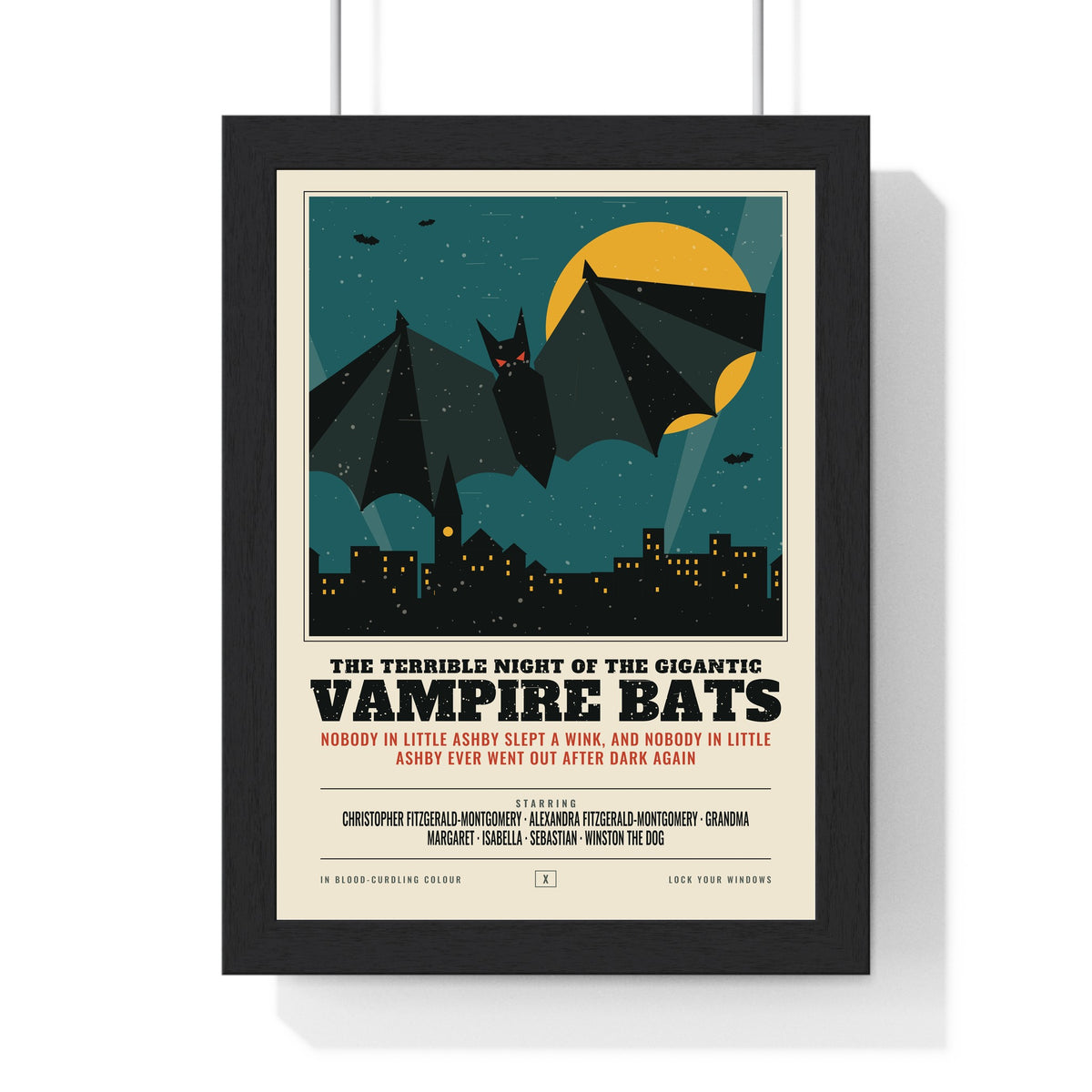 Vintage Horror Bat Poster - framed teal sky version