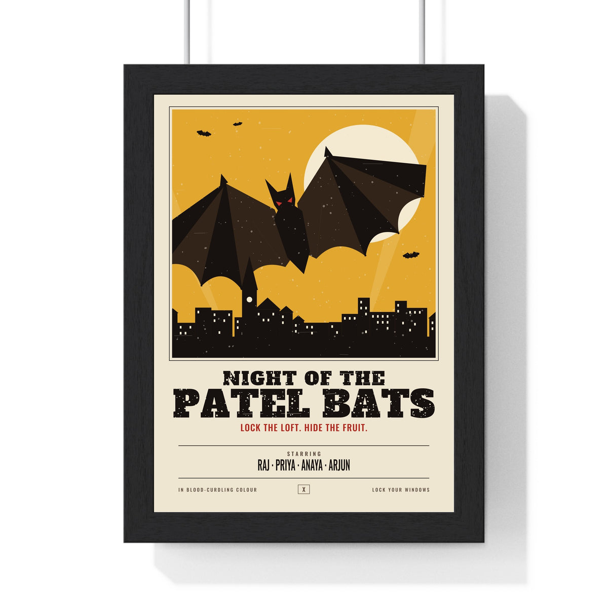 Vintage Horror Bat Poster - framed mustard sky version with a family title